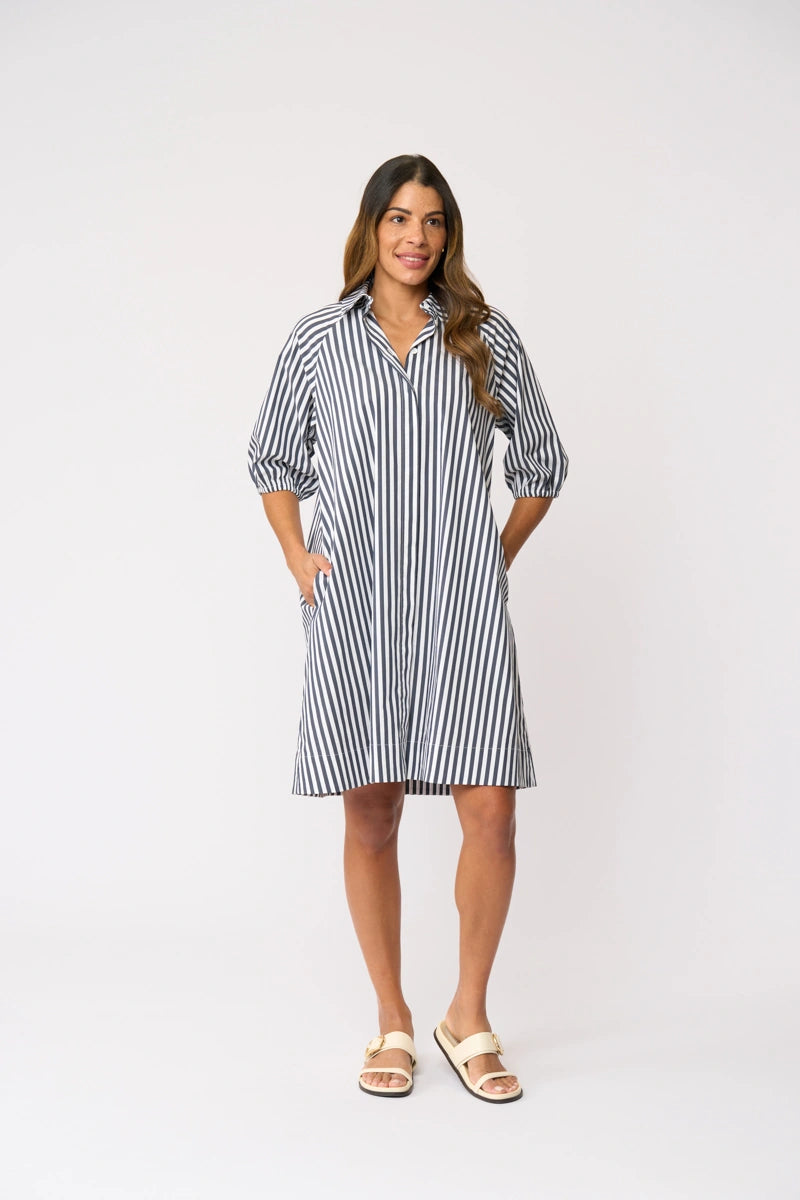 Foil Good Shirt Dress FO8736 in Navy Stripe, front view on model