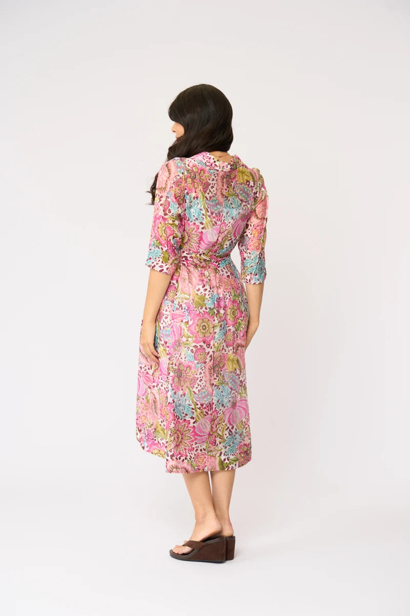 Foil Slay The Soiree Dress FO8769 in Bohemia, back view showing belted waist, three-quarter sleeves and midi length