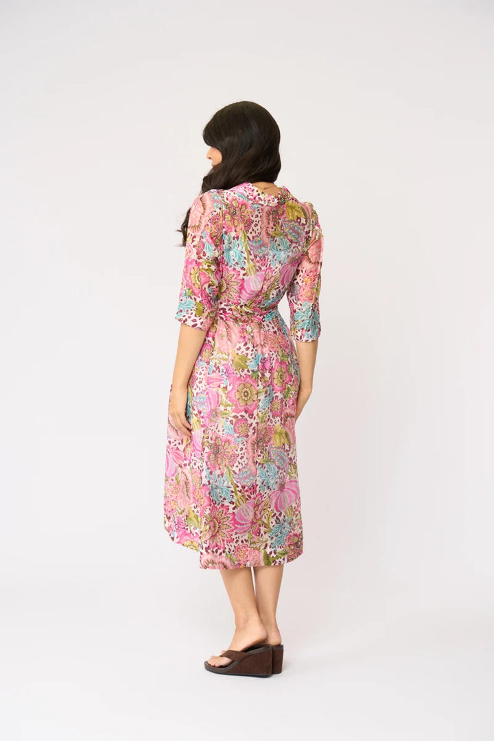 Foil Slay The Soiree Dress FO8769 in Bohemia, back view showing belted waist, three-quarter sleeves and midi length