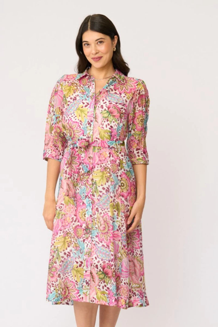 Foil Slay The Soiree Dress FO8769 in Bohemia, close view showing button-through shirt dress, waist belt and three-quarter sleeves