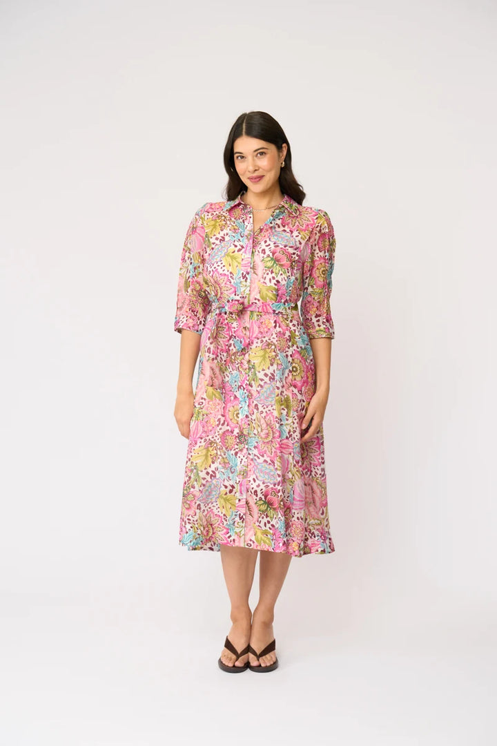 Foil Slay The Soiree Dress FO8769 in Bohemia, front view showing button-through shirt dress, waist belt and three-quarter sleeves