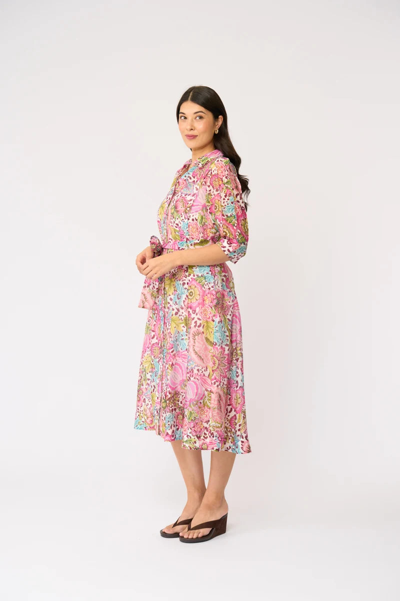 Foil Slay The Soiree Dress FO8769 in Bohemia, side view showing flowing midi silhouette and colourful botanical print