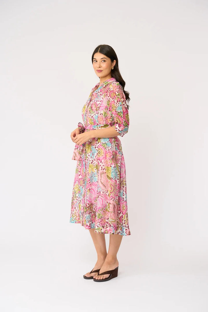 Foil Slay The Soiree Dress FO8769 in Bohemia, side view showing flowing midi silhouette and colourful botanical print
