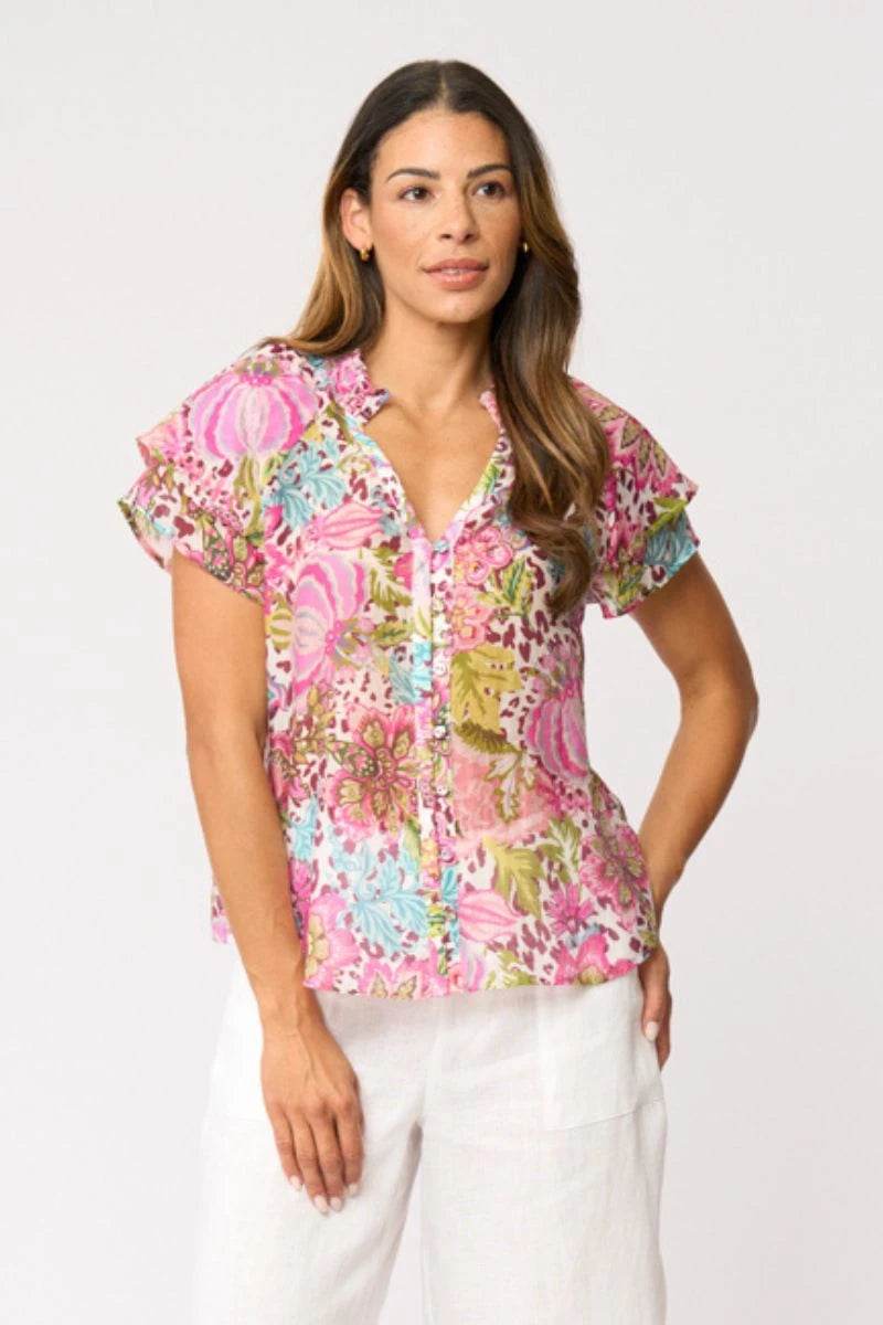 Foil Wild About Top FO8781 in Bohemia, close view showing colourful print, V-neckline and layered flutter sleeves