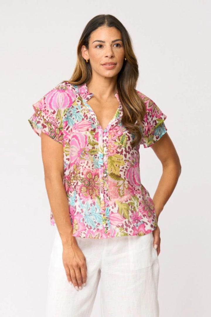 Foil Wild About Top FO8781 in Bohemia, close view showing colourful print, V-neckline and layered flutter sleeves