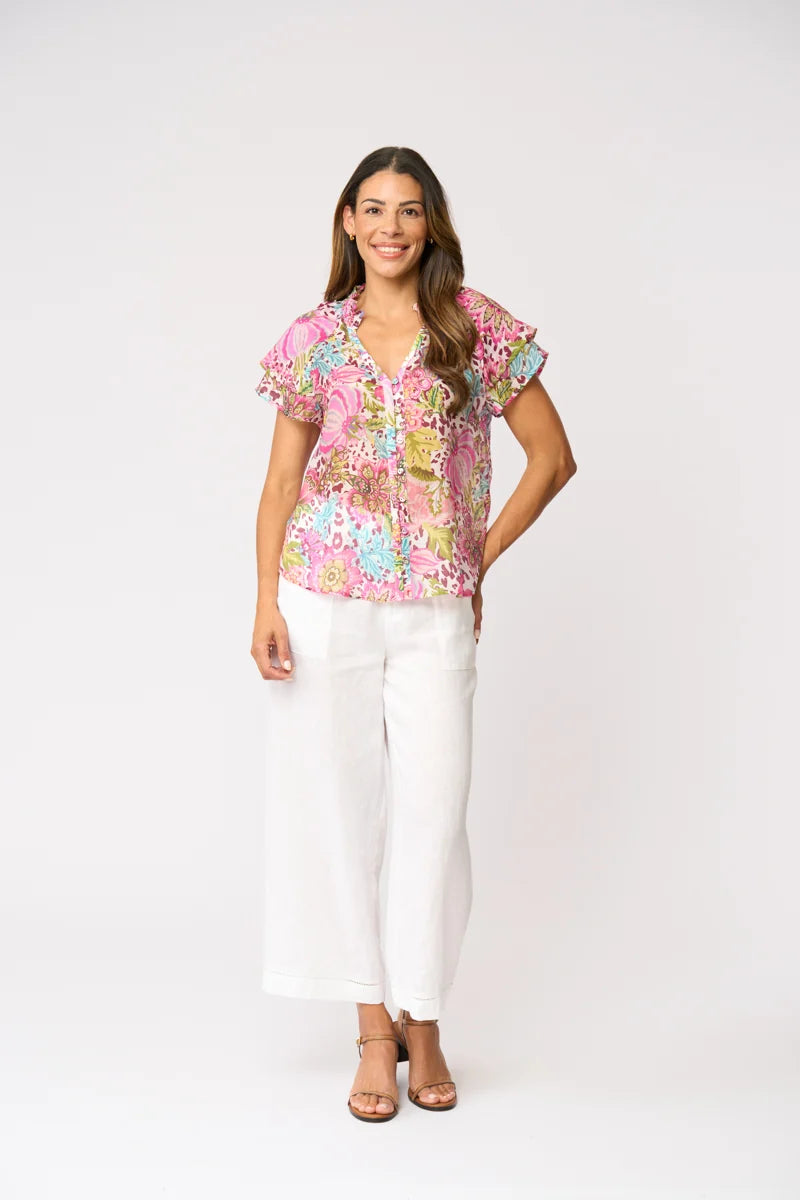 Foil Wild About Top FO8781 in Bohemia, front view showing colourful print, V-neckline and layered flutter sleeves