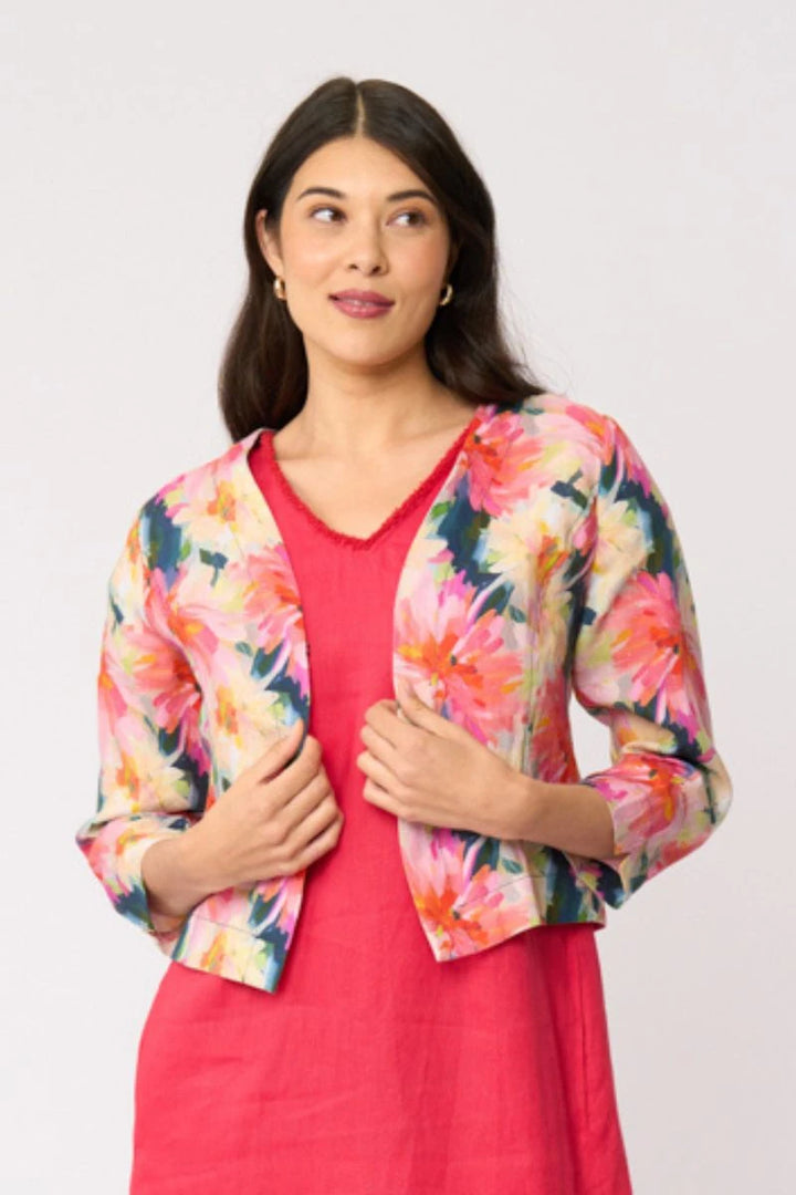Foil Gather Again Jacket FO8787 in Flower Burst, close up view worn open over coral linen dress