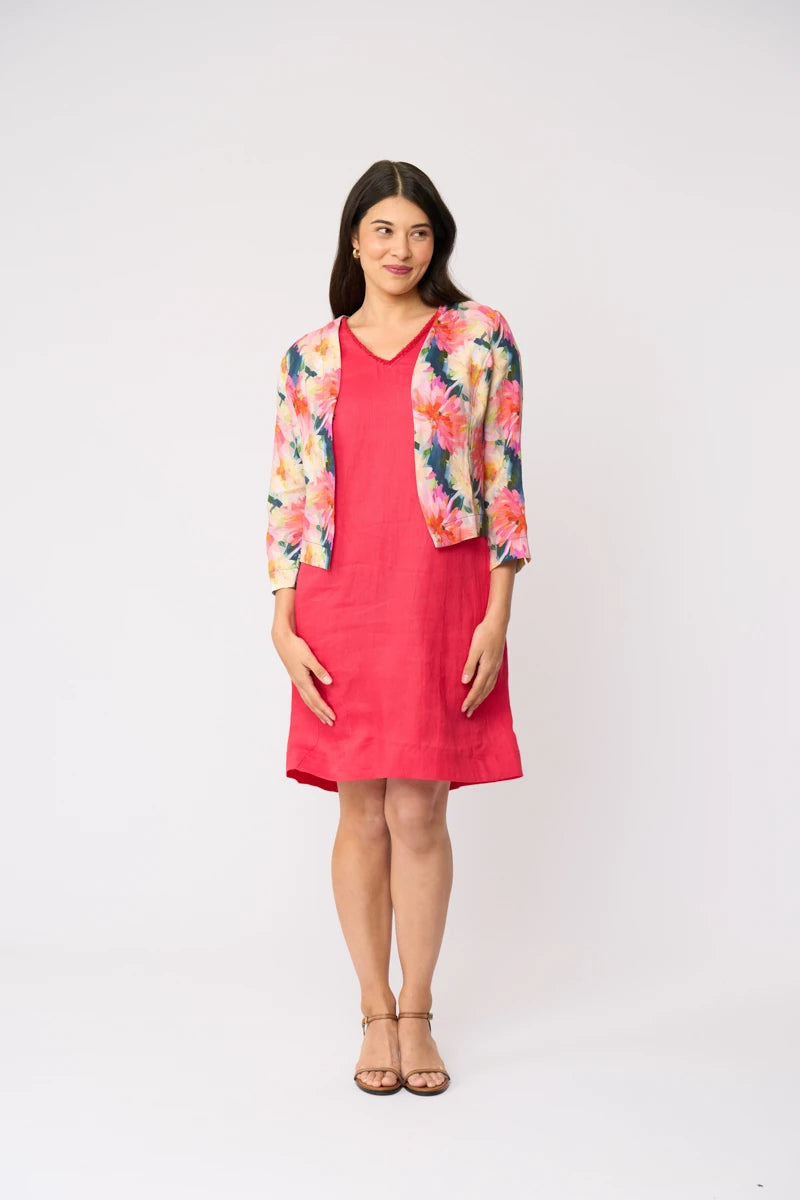 Foil Gather Again Jacket FO8787 in Flower Burst, front view worn open over coral linen dress