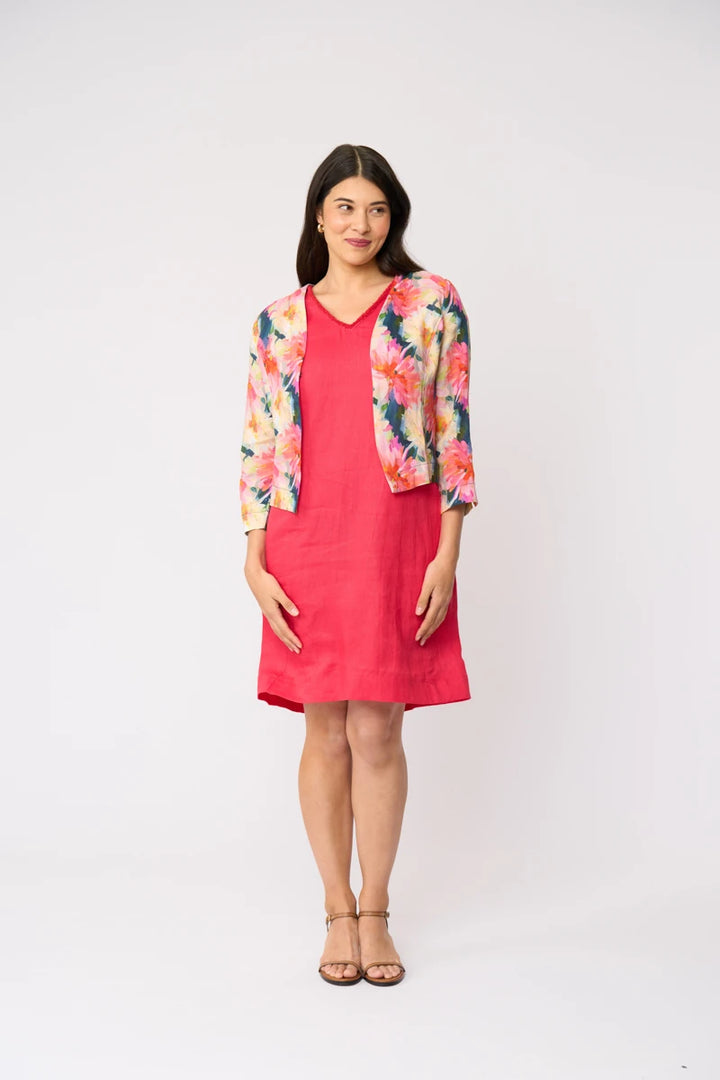 Foil Gather Again Jacket FO8787 in Flower Burst, front view worn open over coral linen dress