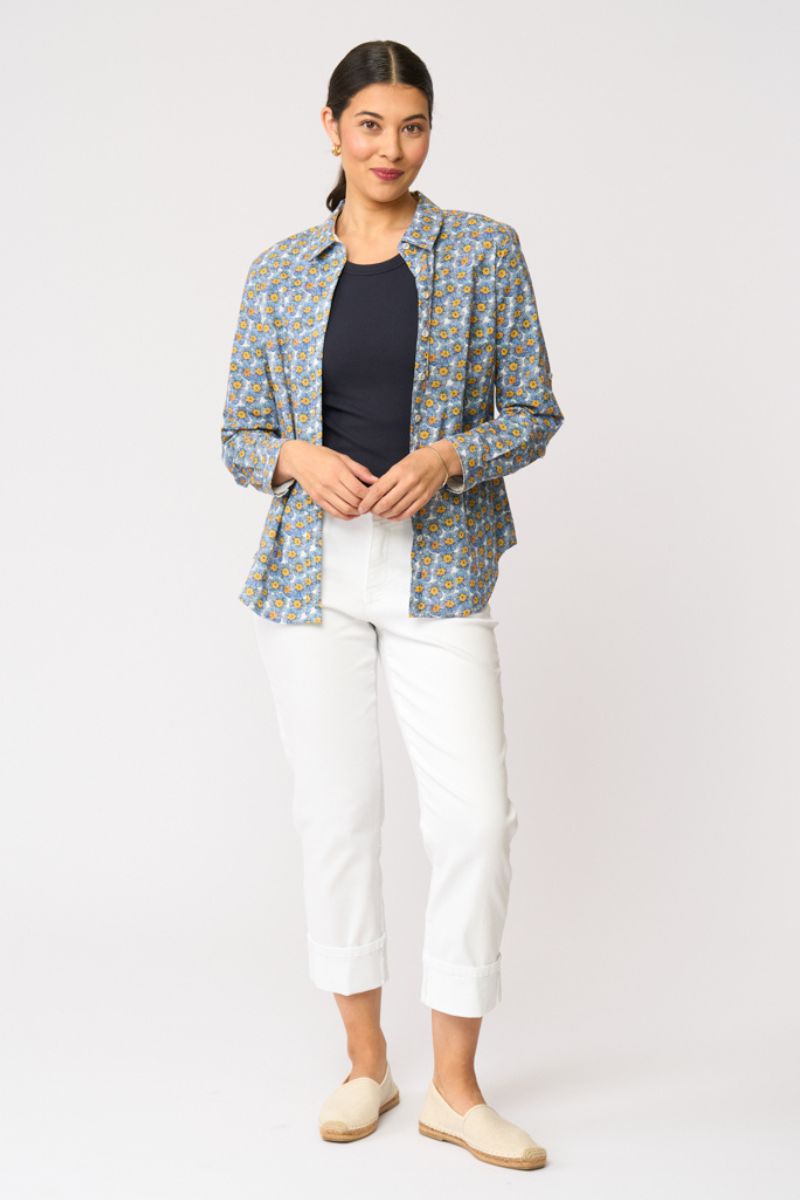 Foil All Class Shirt in blue and yellow Petal Print front view FO7428