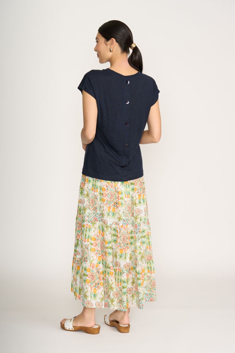 Foil navy linen top back button detail FO8245