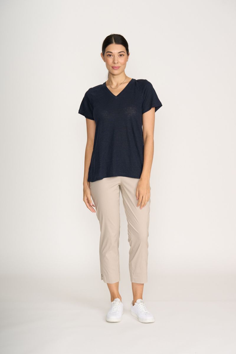 Foil Buttons Up Top navy front view linen knit FO8245