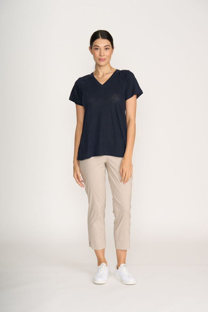 Foil Buttons Up Top navy front view linen knit FO8245