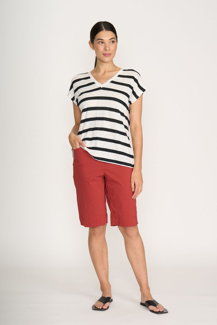 Foil V neck navy linen knit top styled FO8245