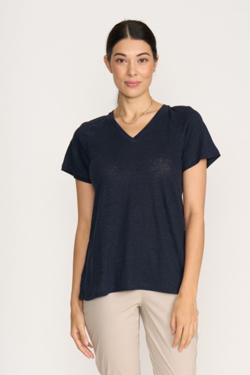 Foil V neck navy linen knit top detail FO8245