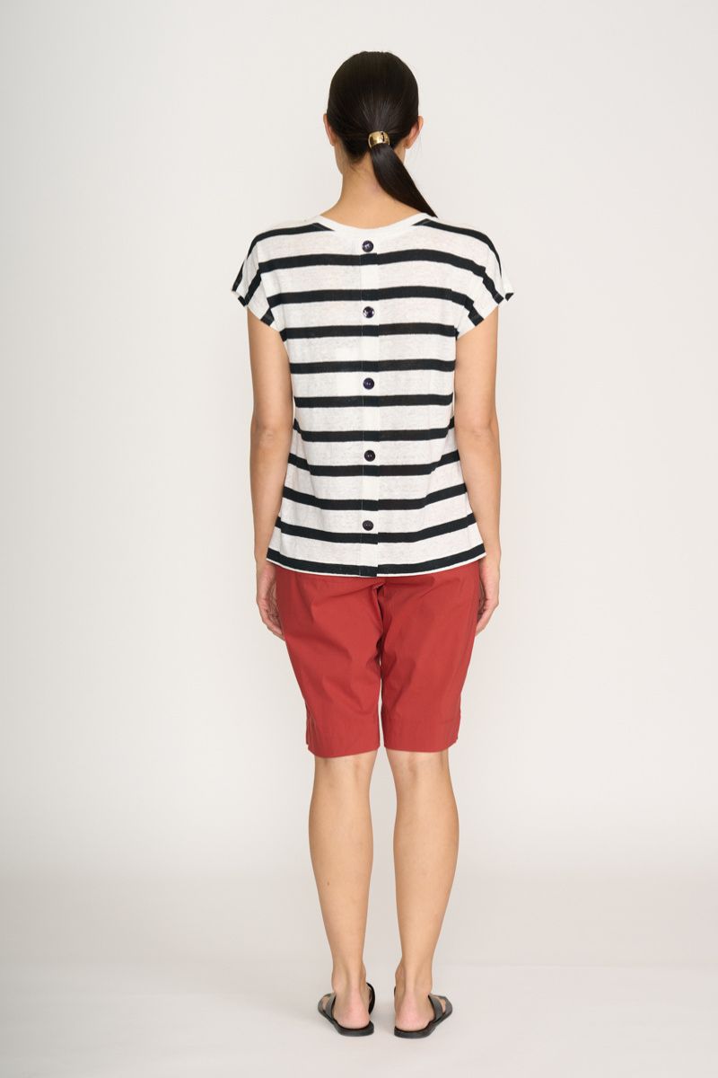 Foil Buttons Up Top back button detail navy stripe linen FO8245