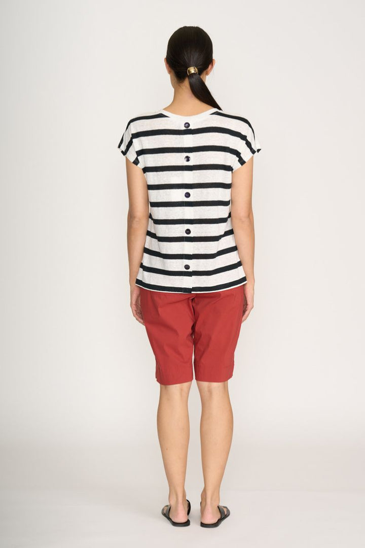Foil Buttons Up Top back button detail navy stripe linen FO8245