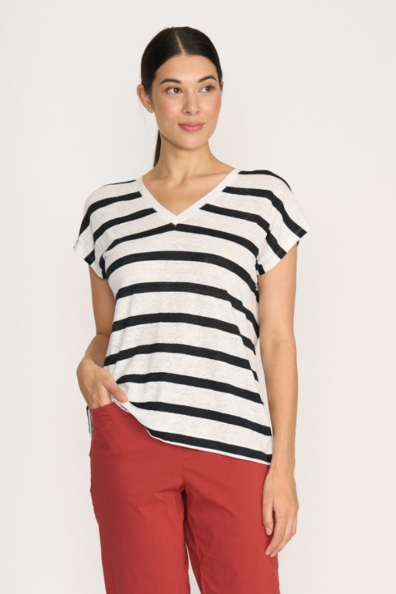 Foil Buttons Up Top navy white stripe front view linen knit FO8245
