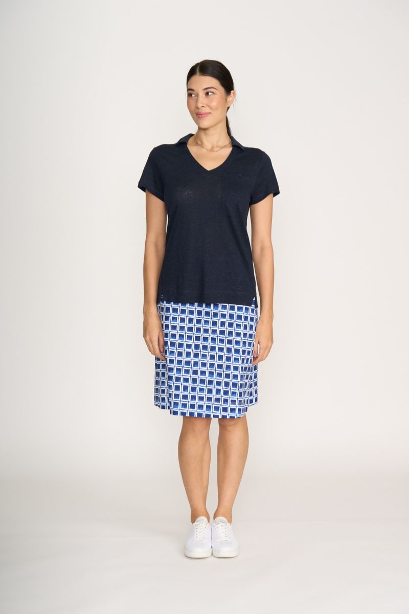 Foil linen knit top side view relaxed fit navy FO8247
