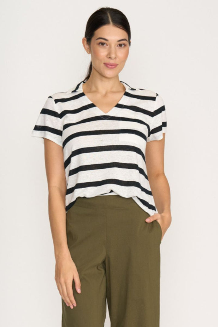 Foil Team Player Top navy white stripe front view linen knit FO8247