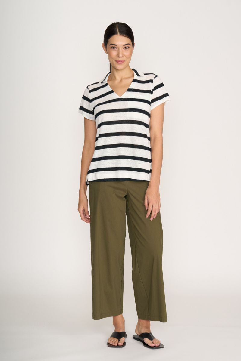 Foil V neck collar detail striped linen top FO8247