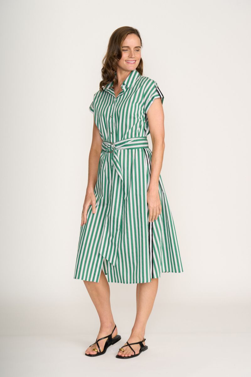 Foil Masterclass Dress Deep Sea Stripe front view with waist tie style FO8271