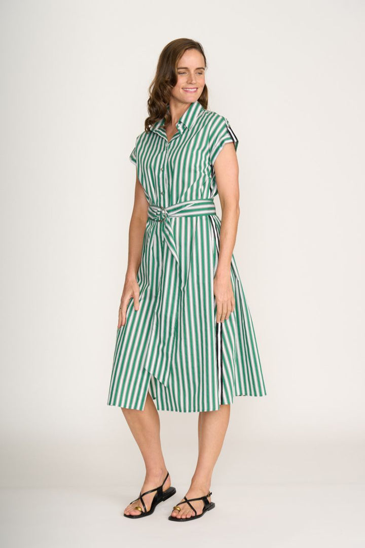 Foil Masterclass Dress Deep Sea Stripe front view with waist tie style FO8271