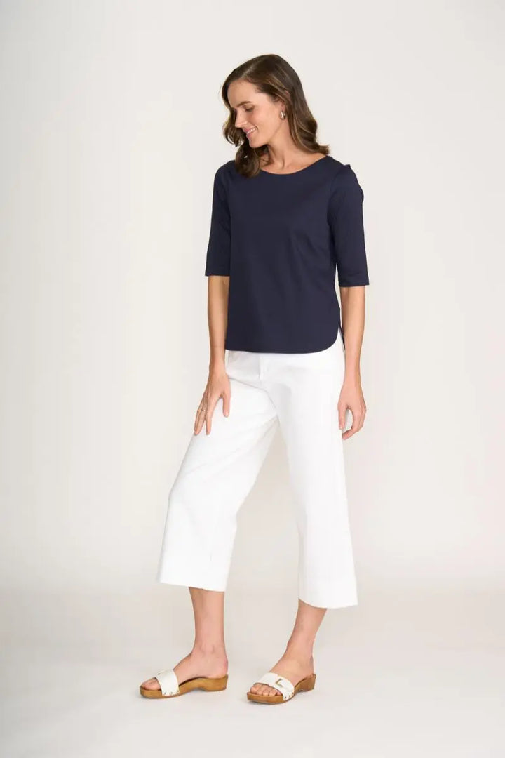 Foil Shore Bet Top Navy side view showing curved hem