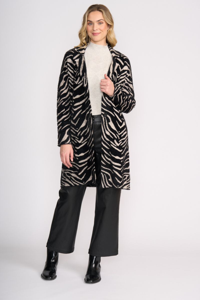 Woman wearing Lash Queen Coat in Zebra by Foil front