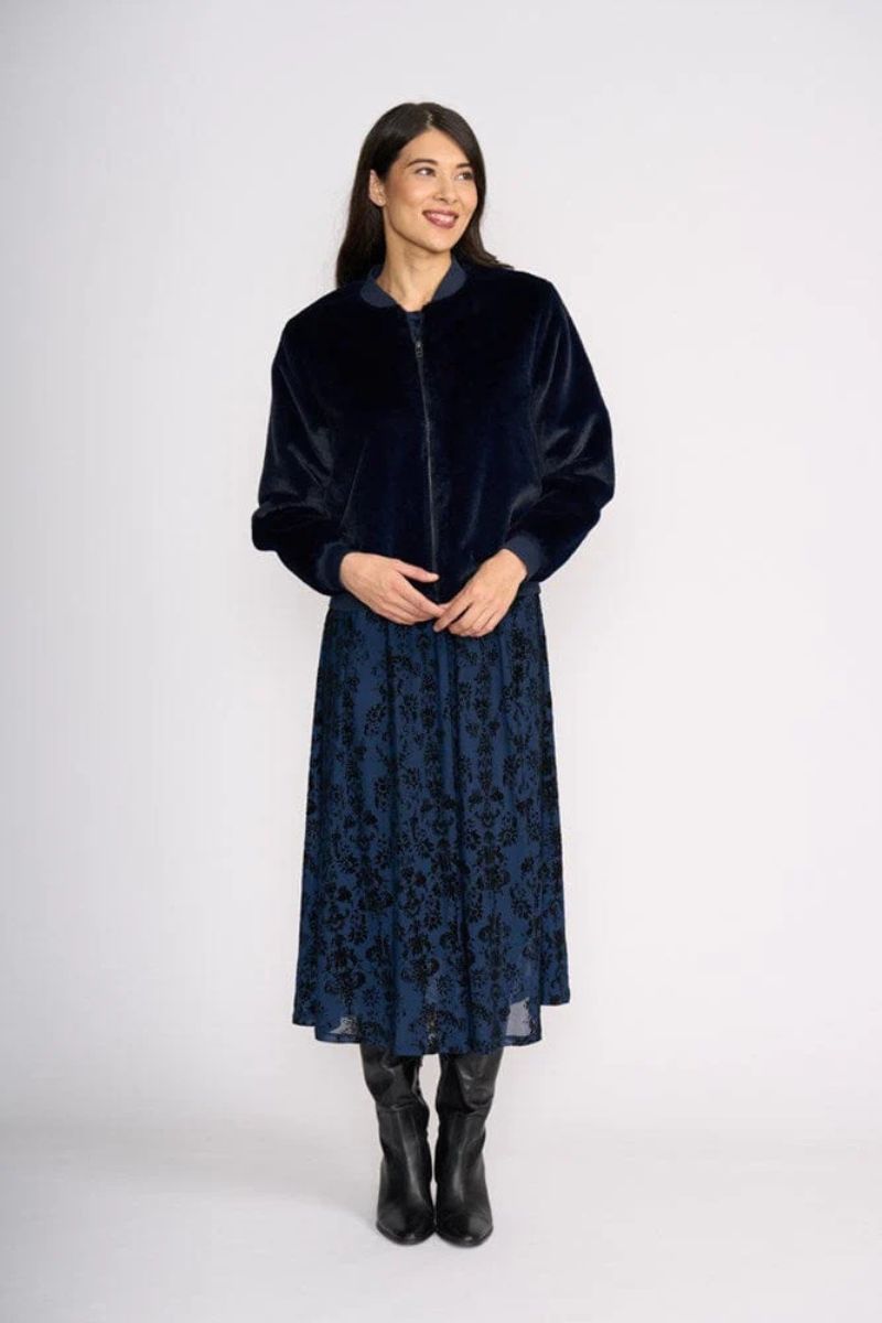 Woman wearing Fur Sure Aviator Jacket in Midnight by Foil styled