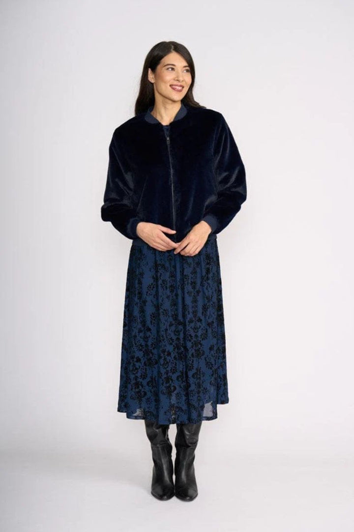 Woman wearing Fur Sure Aviator Jacket in Midnight by Foil styled