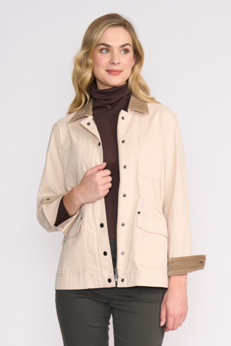 Woman wearing Hidden Treasures Jacket in Cashmere by Foil front
