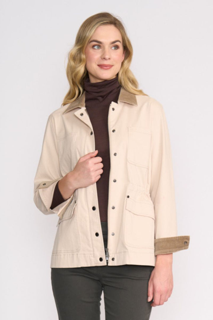 Woman wearing Hidden Treasures Jacket in Cashmere by Foil front