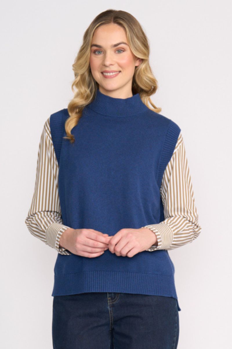 Woman wearing Foil FO8433 Luxe Life Popover in Indigo front view