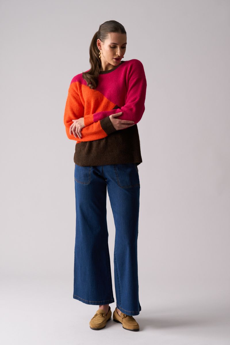 Woman wearing Foil FO8438 Bright Spark Sweater in Pink Multi detail view