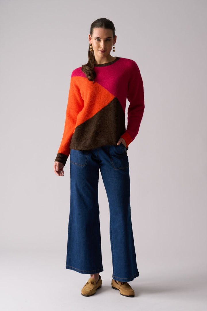 Woman wearing Foil FO8438 Bright Spark Sweater in Pink Multi front view