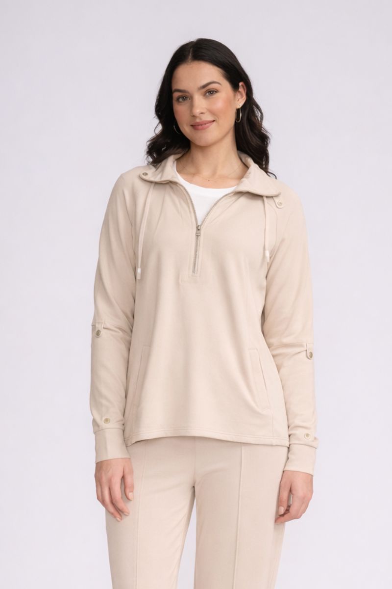 Woman wearing Foil FO8440 Soft Settings Sweater in Linen front view