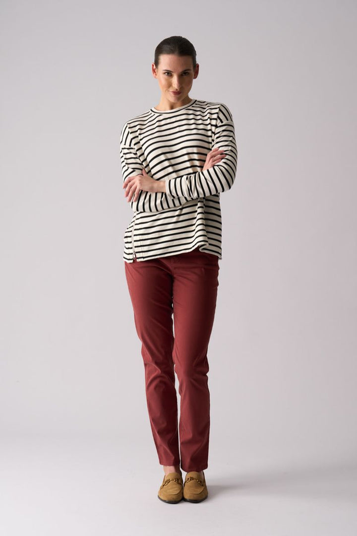 Woman wearing Foil FO8442 Smooth Talker Sweater in Stripe full outfit view