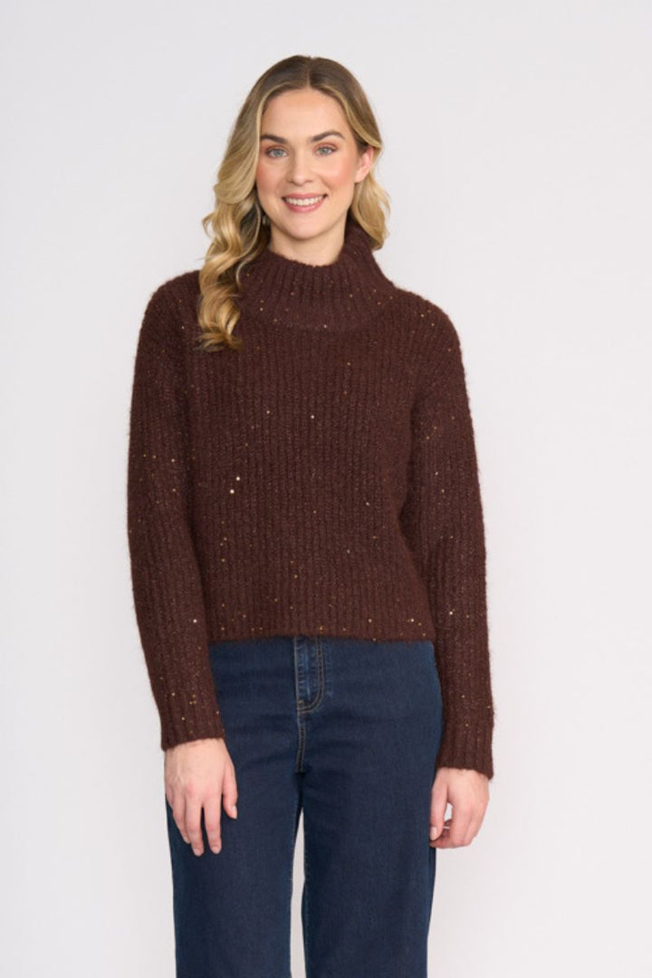 Woman wearing Glow Getter Sweater in Coffee by Foil front