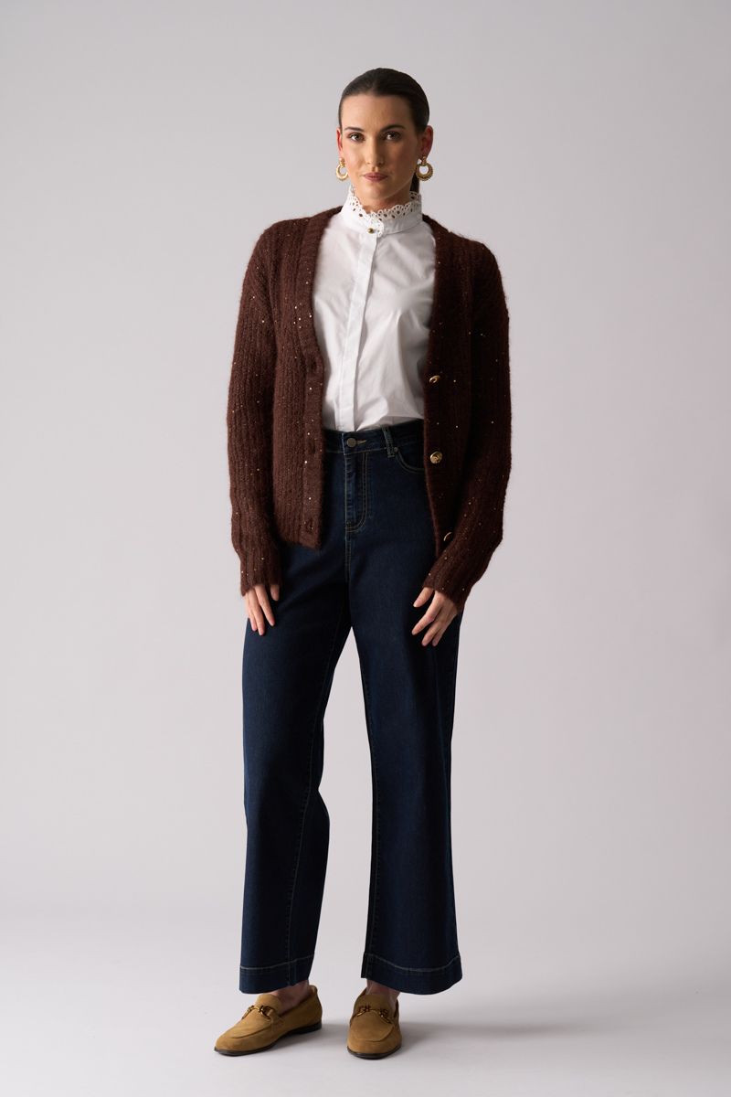 Woman wearing Glow Getter Cardigan in Coffee by Foil detail