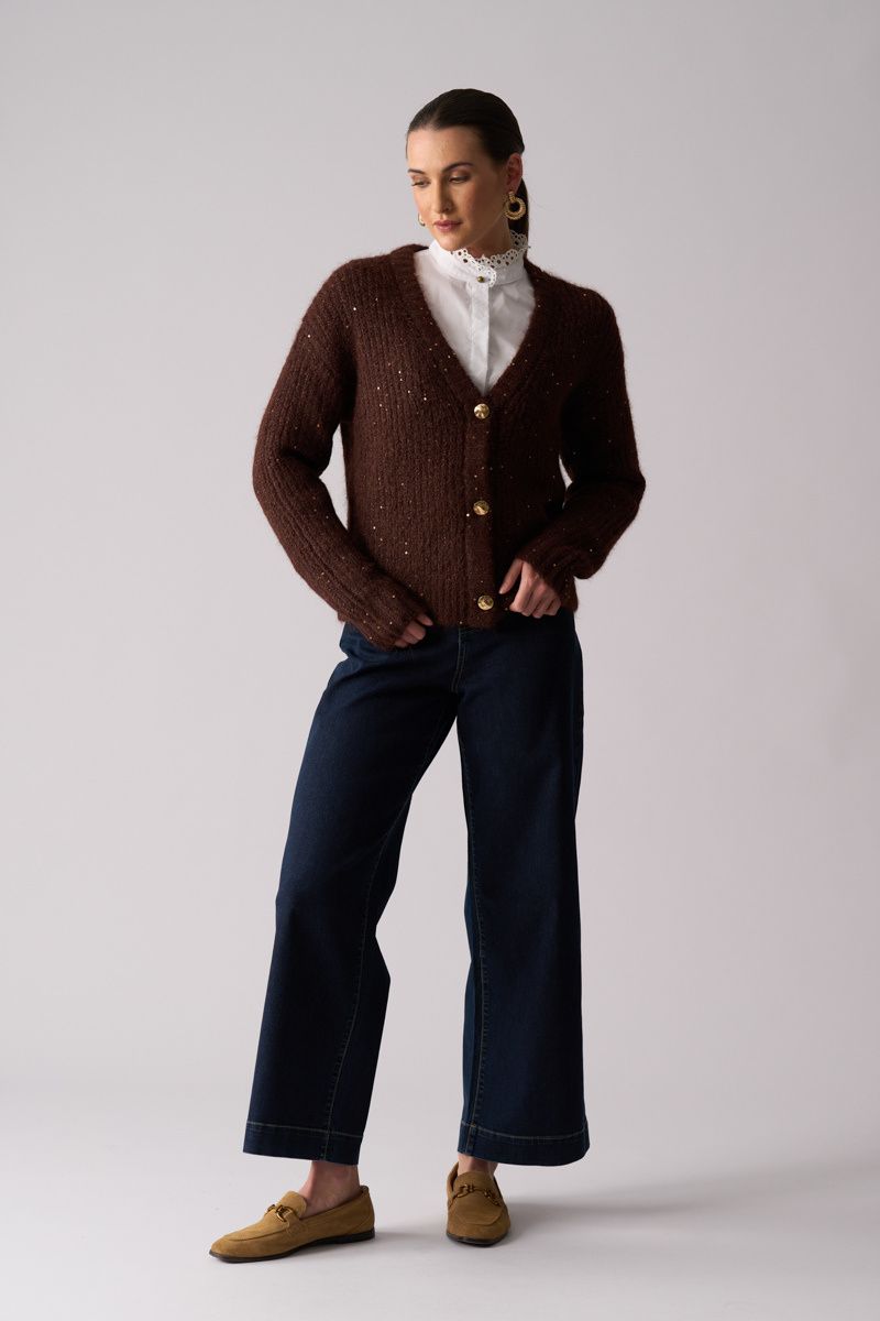 Woman wearing Glow Getter Cardigan in Coffee by Foil styled