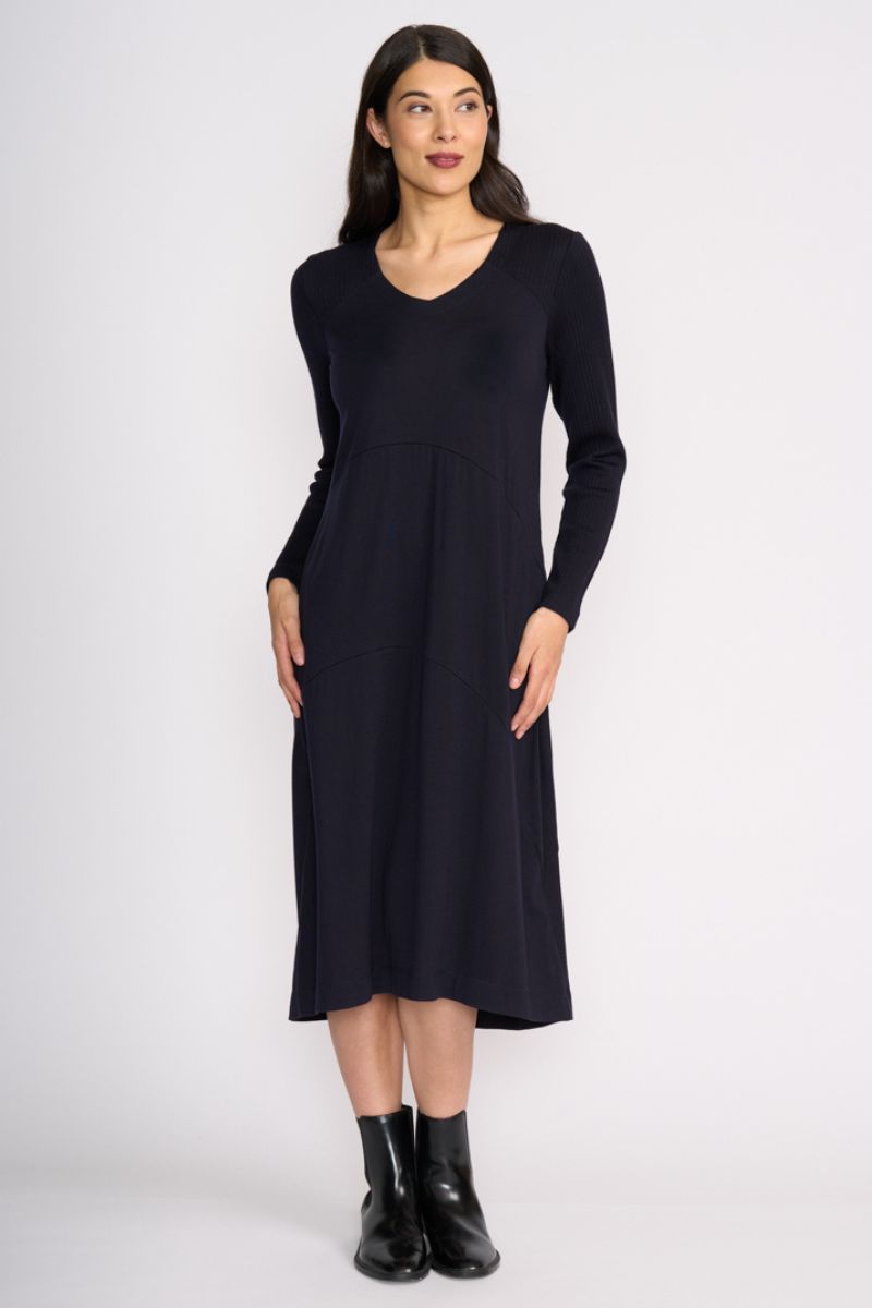 Woman wearing Upper Cut Dress in Night Sky by Foil front