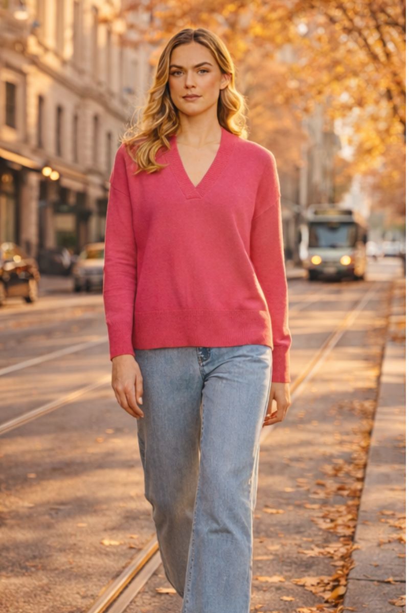Woman wearing Perfect Patch Sweater in Electric Fuchsia Pink from FOIL FO8458 and jeans walking On an Autumn Street