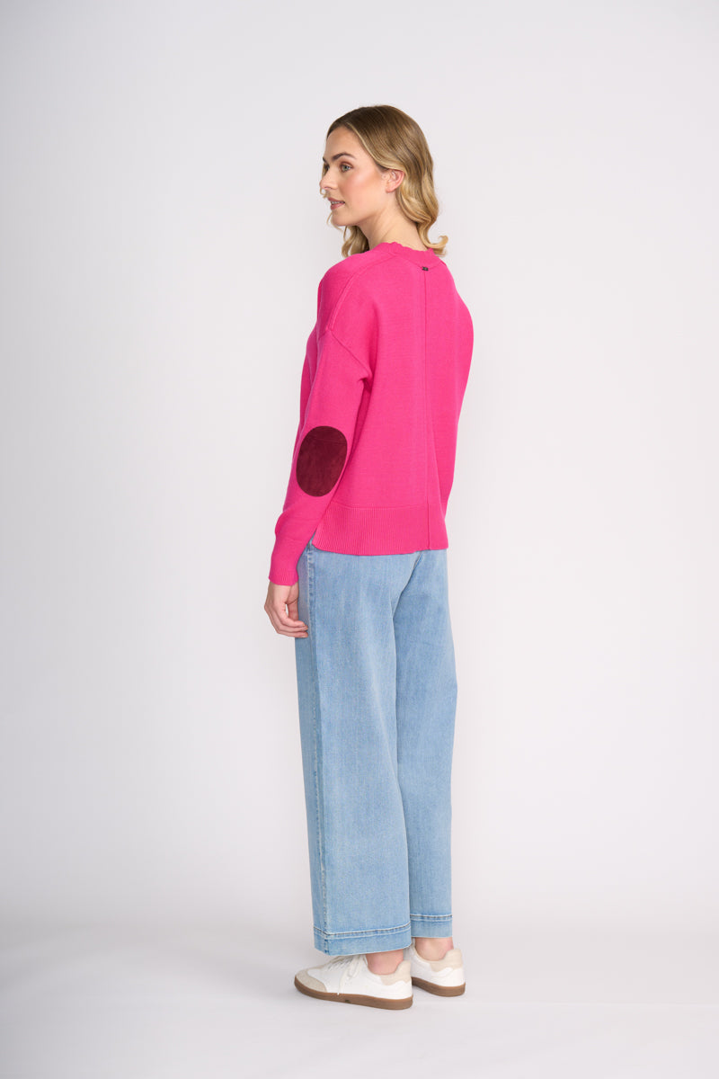 Woman wearing Perfect Patch Sweater in Electric Fuchsia from FOIL FO8458 back view