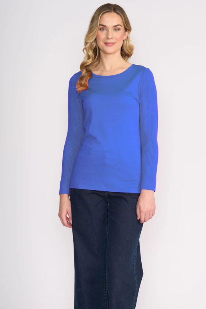 Woman wearing Love Ewe Top in Electric Blue by Foil front