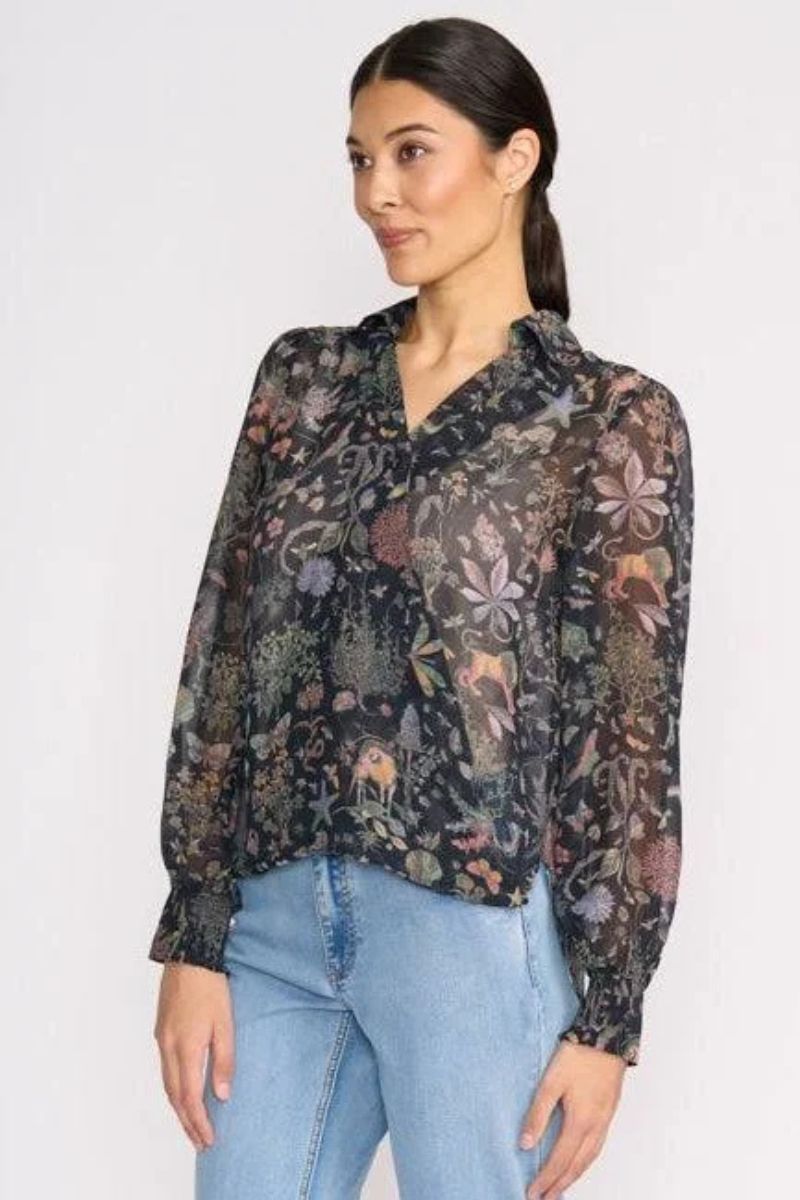 Woman wearing Royal Gala Blouse in Narnia Print by FOIL side