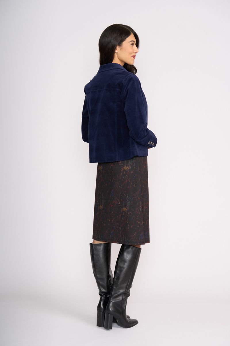 Woman wearing Pre Re-Cord Jacket in Midnight by Foil back