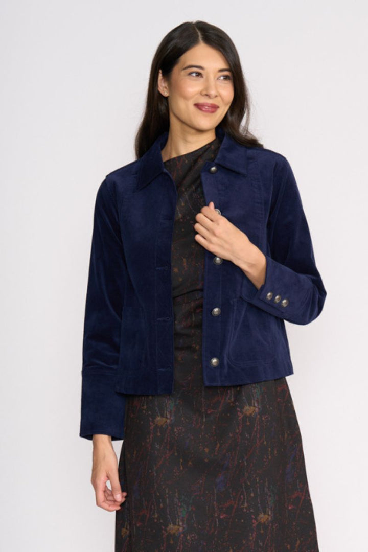 Woman wearing Pre Re-Cord Jacket in Midnight by Foil front