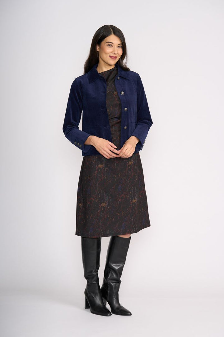 Woman wearing Pre Re-Cord Jacket in Midnight by Foil side