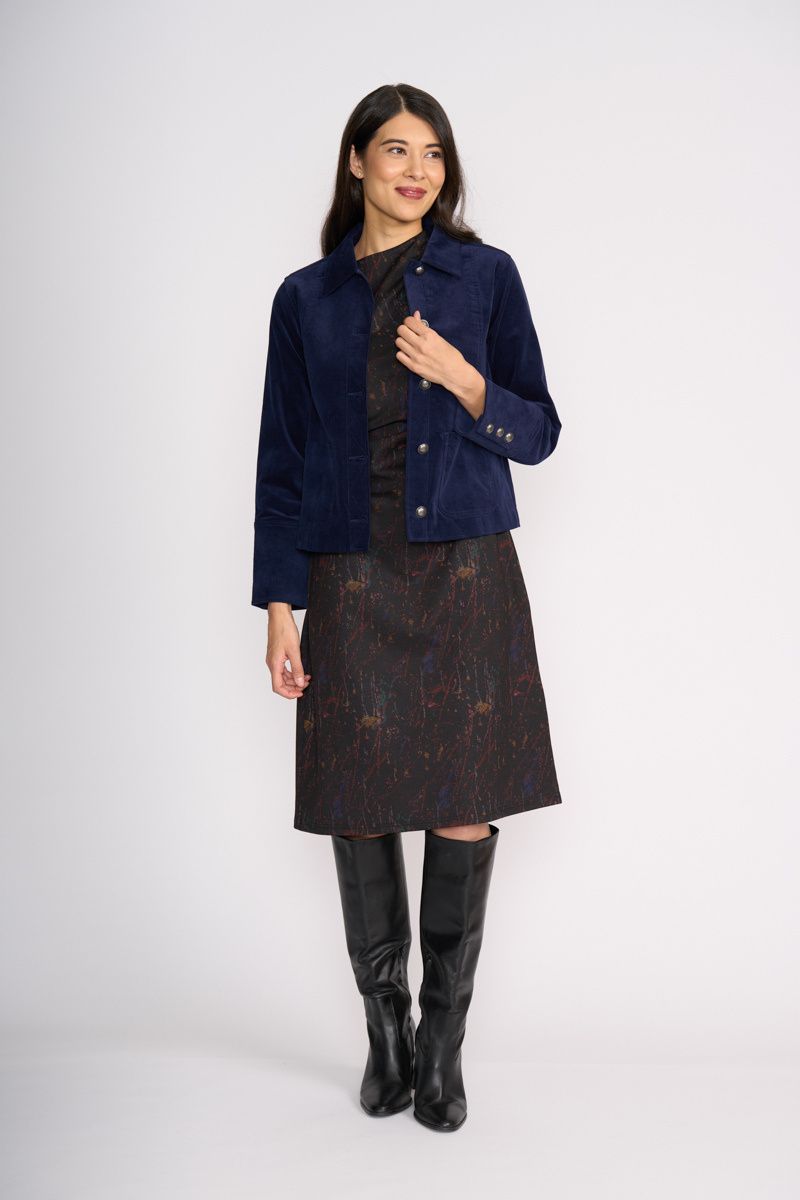 Woman wearing Pre Re-Cord Jacket in Midnight by Foil styled